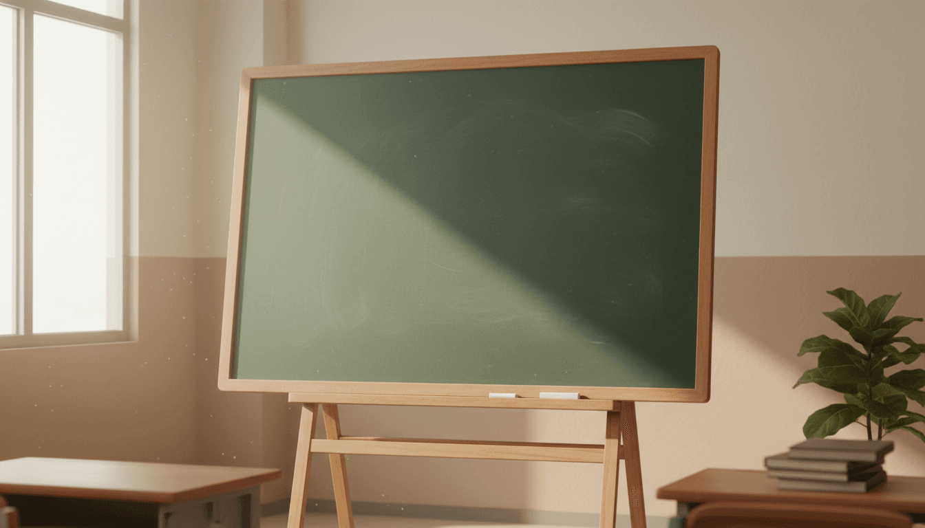 Empty chalkboard in a quiet classroom with morning light, chalk on the tray