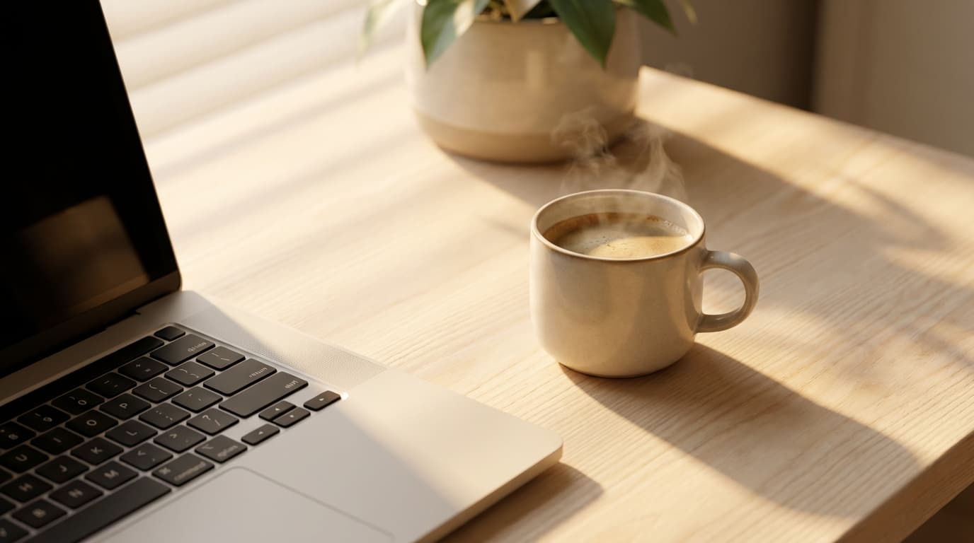 A professional desk setup with a laptop and notebook in a bright office space