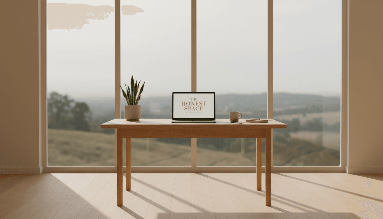 A simple desk in a home office in Kuala Lumpur with an open notebook and pen, representing the beginning of an educational enterprise.